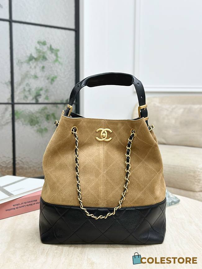 Colestore Chanel Shopping bag, Suede calfskin, Shiny lambskin & Gold-tone metal, Beige & Black 33x29x11cm - 1