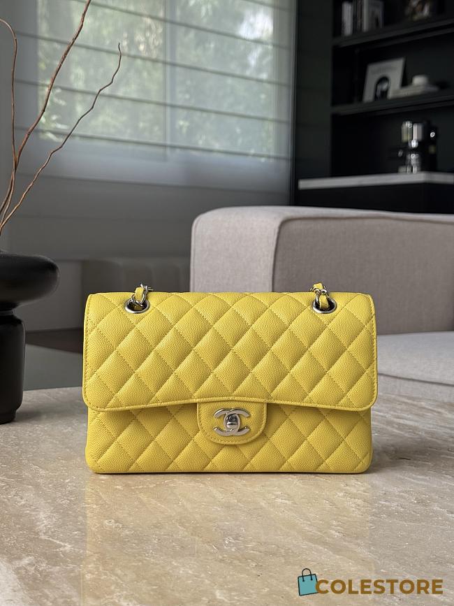 Colestore Chanel Yellow Caviar Quilted Classic Flap Medium Silver Hardware 23x14.5x6cm - 1