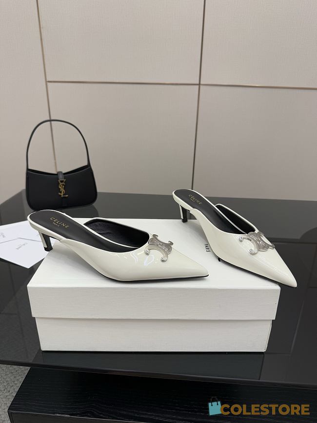 Colestore Celine Classic Triomphe Pointed-Toe Kitten Heel Mules White - 1