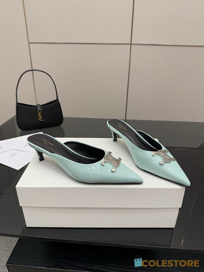 Colestore Celine Classic Triomphe Pointed-Toe Kitten Heel Mules Light Blue - 1