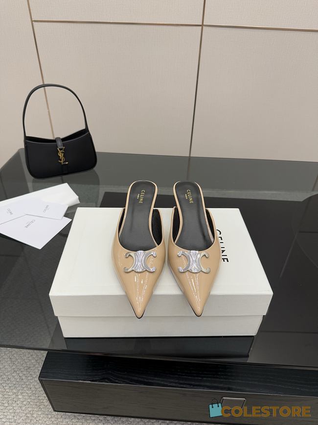 Colestore Celine Classic Triomphe Pointed-Toe Kitten Heel Mules Beige - 1