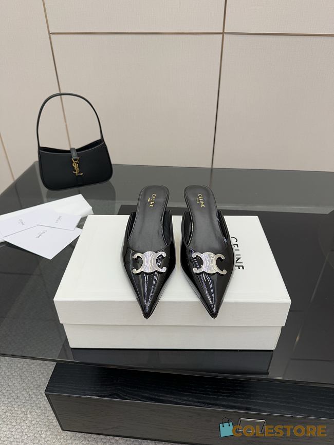 Colestore Celine Classic Triomphe Pointed-Toe Kitten Heel Mules Black - 1