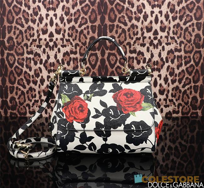 Colestore Dolce & Gabbana Dauphine Floral Print Medium Miss Sicily Satchel Black White 25x12x20cm - 1