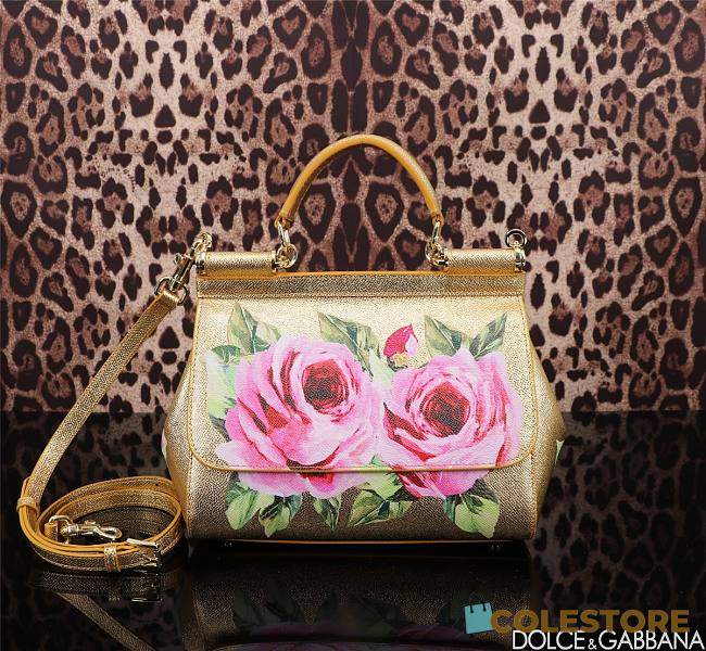 Colestore Dolce & Gabbana Sicily Top Handle Bag In A Metallic Gold Leather with Pink Rose Floral Print 25x12x20cm - 1