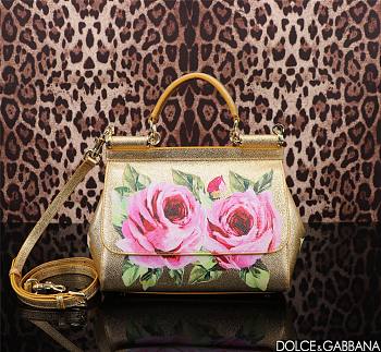 Colestore Dolce & Gabbana Sicily Top Handle Bag In A Metallic Gold Leather with Pink Rose Floral Print 25x12x20cm