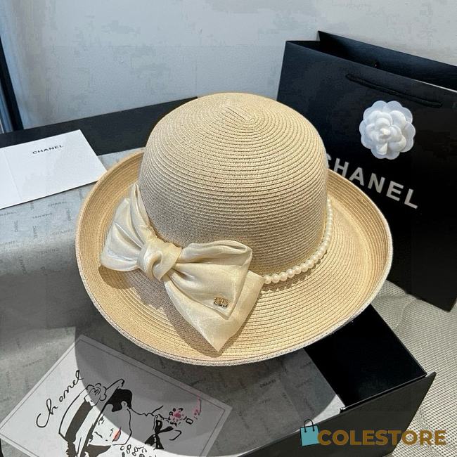 Colestore Chanel Elegant Straw Hat with Ivory Satin Bow & Pearl Band 57cm - 1