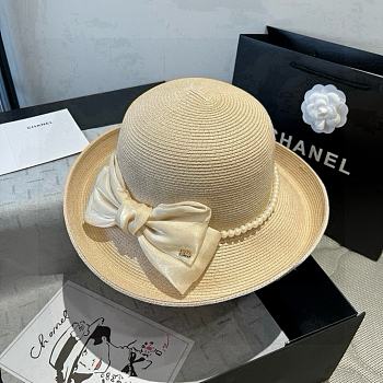 Colestore Chanel Elegant Straw Hat with Ivory Satin Bow & Pearl Band 57cm