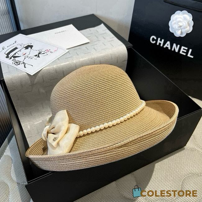 Colestore Chanel Elegant Straw Hat with Natural Bow & Pearl Band 57cm - 1