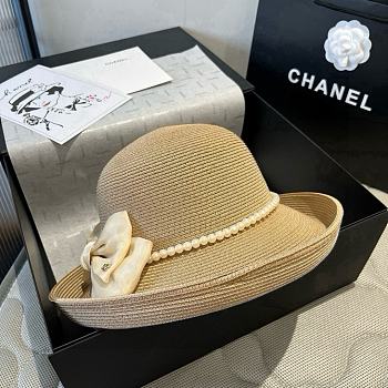 Colestore Chanel Elegant Straw Hat with Natural Bow & Pearl Band 57cm