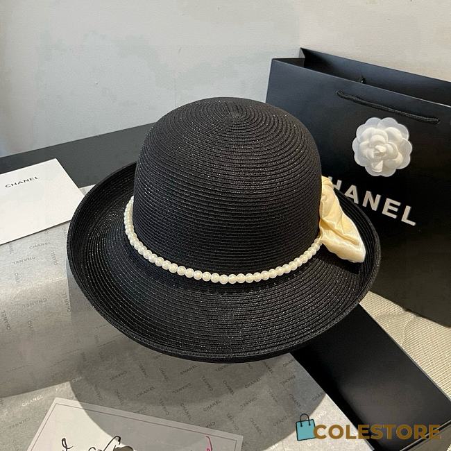 Colestore Chanel Elegant Straw Hat with Black Bow & Pearl Band 57cm - 1
