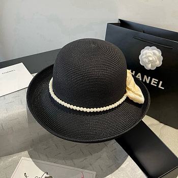 Colestore Chanel Elegant Straw Hat with Black Bow & Pearl Band 57cm
