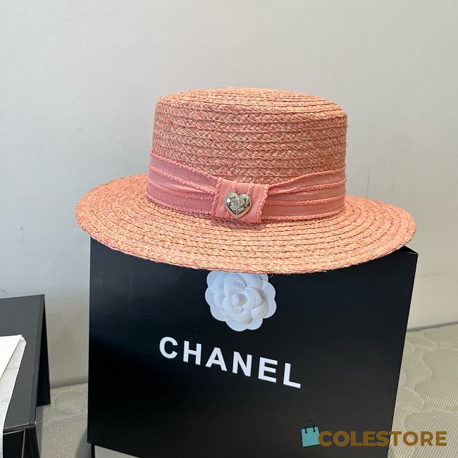 Colestore Chanel Pink Woven Straw Boater Hat with Heart Charm 57cm - 1