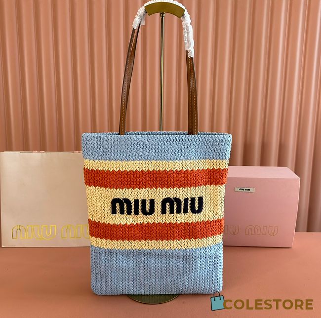 Colestore Miu Miu Style Crochet Raffia Tote Bag Blue/natural 30x38cm - 1
