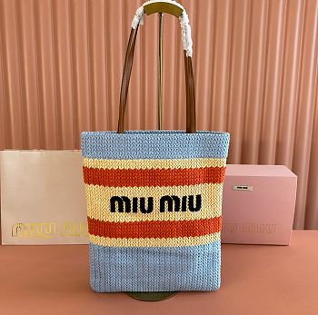 Colestore Miu Miu Style Crochet Raffia Tote Bag Blue/natural 30x38cm