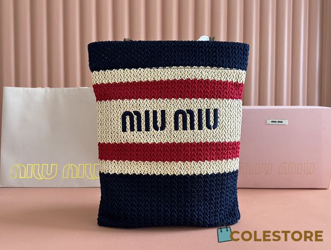 Colestore Miu Miu Style Crochet Raffia Tote Bag Navy/Red 30x38cm - 1