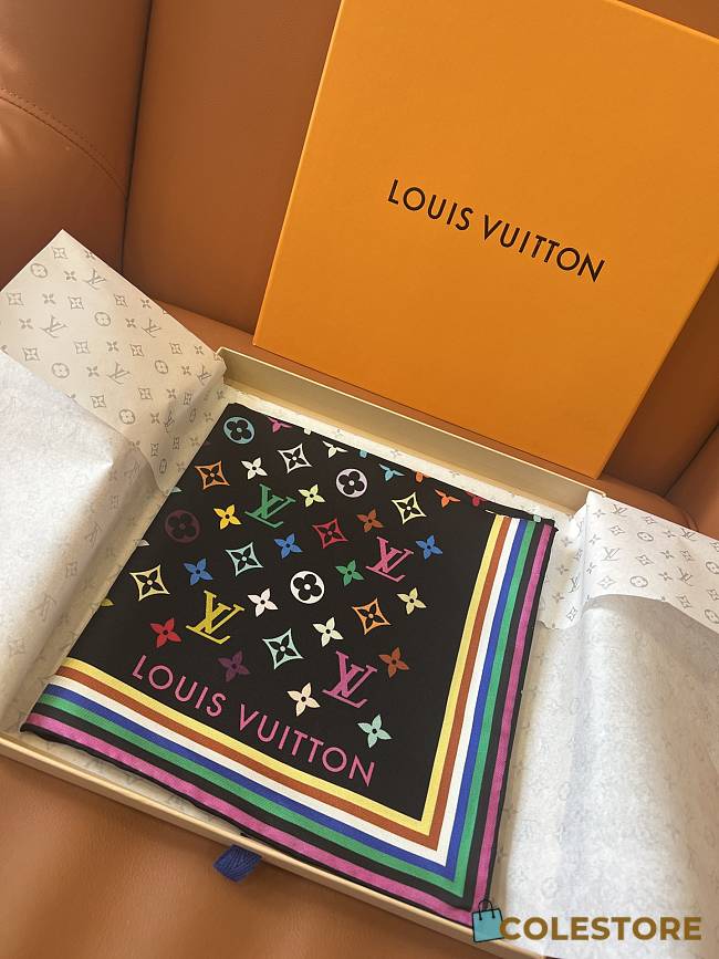 Colestore Monogram Multicolor Square Black Silk Scarf 90 LV x TM  - 1
