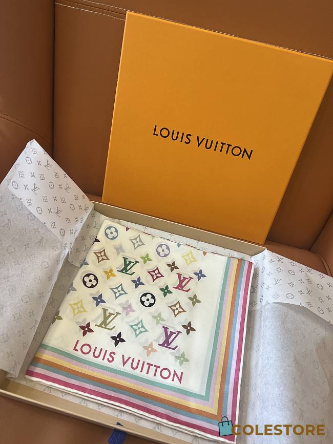 Colestore Monogram Multicolor Square White Silk Scarf 90 LV x TM  - 1