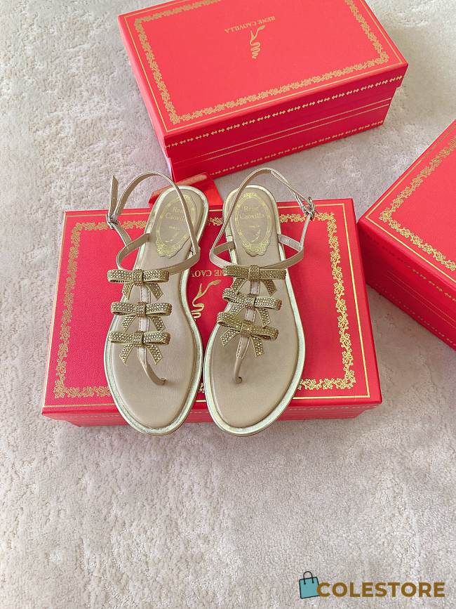 Colestore Rene Caovilla Crystal Bow Flat Sandals Gold - 1
