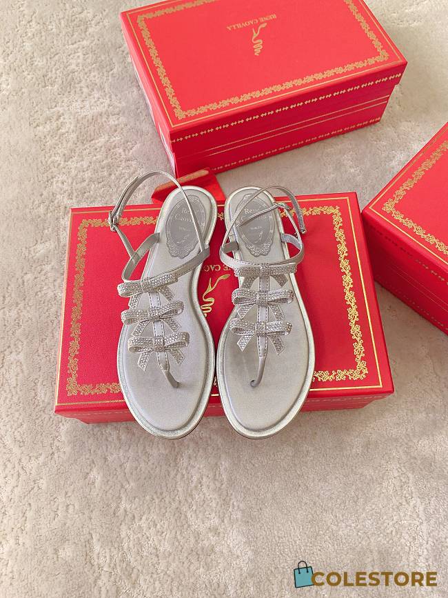 Colestore Rene Caovilla Crystal Bow Flat Sandals Silver - 1