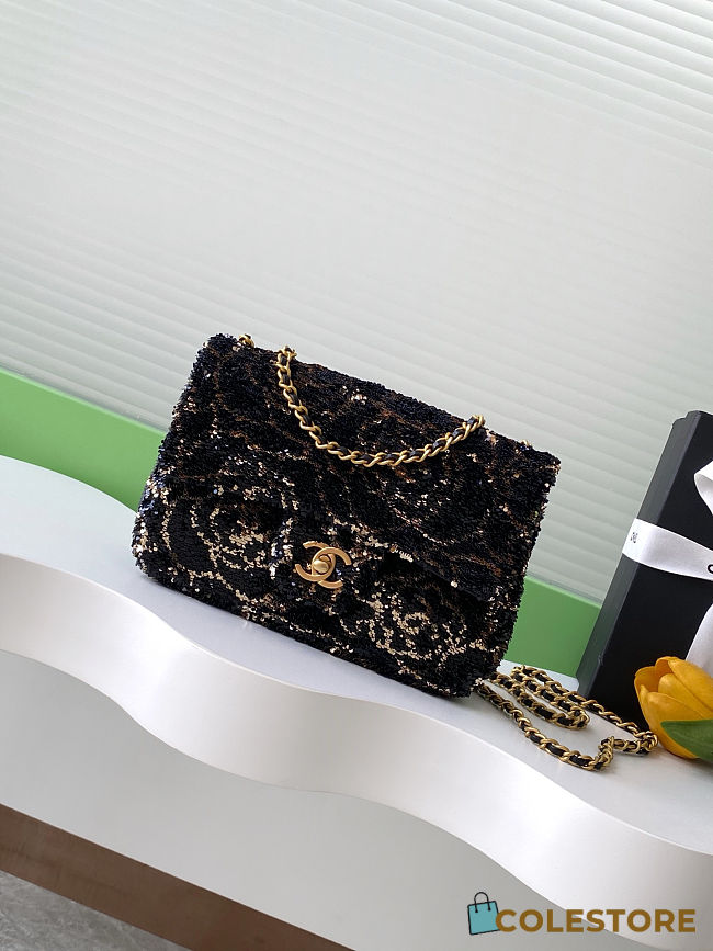 Colestore Chanel Evening Bag Quilted Sequins & Gold-Tone Metal Black 14x21x8cm - 1