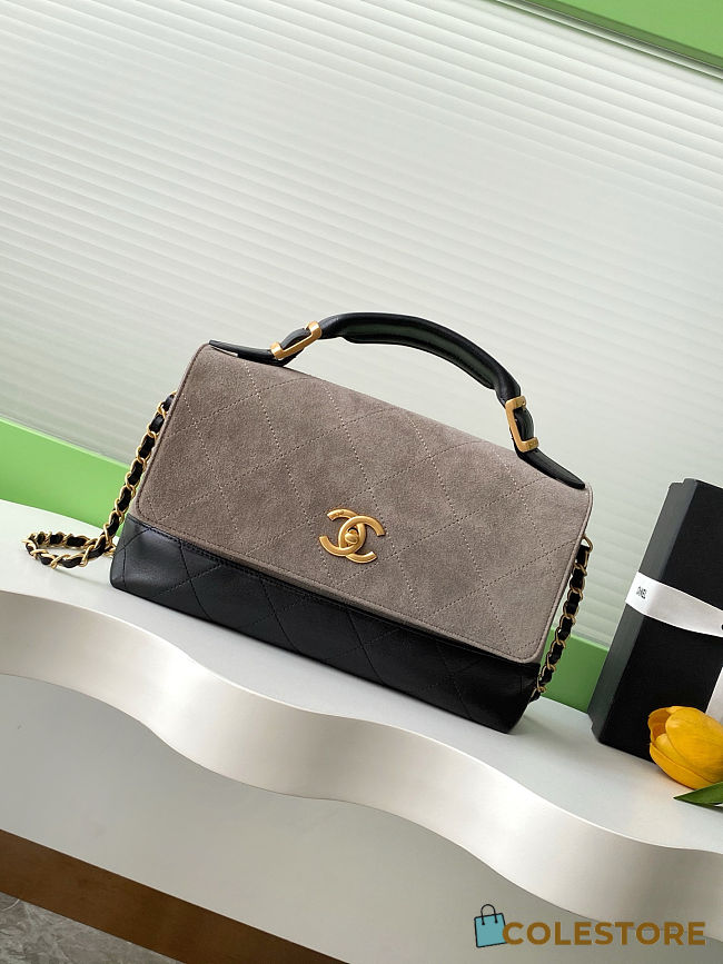 Colestore Chanel Large Flap Bag with Top Handle Suede Calfskin, Shiny Lambskin & Gold-Tone Metal Gray & Black - 1