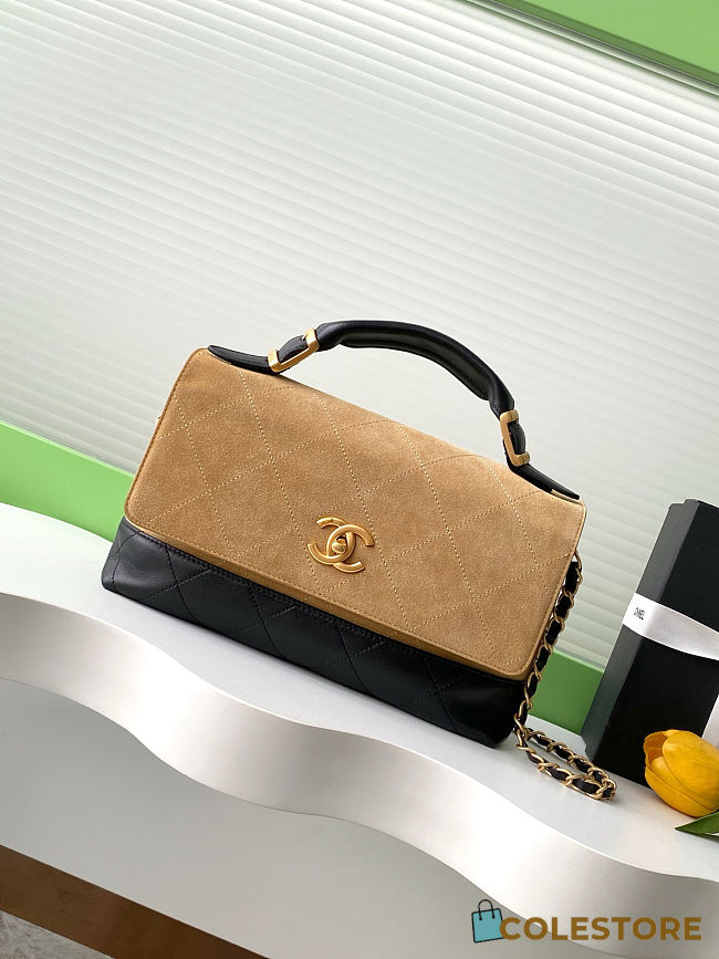 Colestore Chanel Large Flap Bag with Top Handle Suede Calfskin, Shiny Lambskin & Gold-Tone Metal Beige & Black - 1