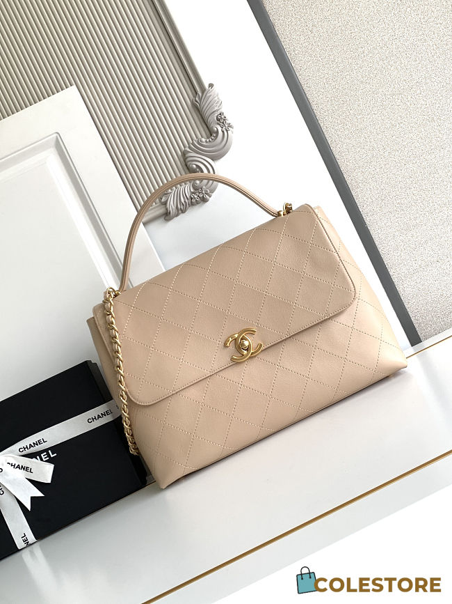 Colestore Chanel Maxi Flap Bag with Top Handle Calfskin & Gold-Tone Metal Beige 26x37x10cm - 1