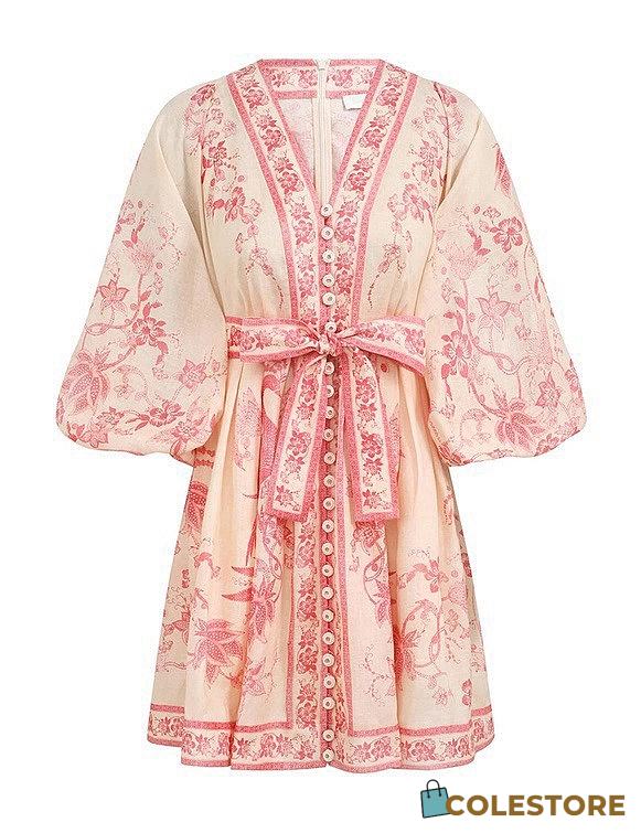 Colestore Zimmermann Lucky Plunge Mini Dress in Cream Pink Floral - 1