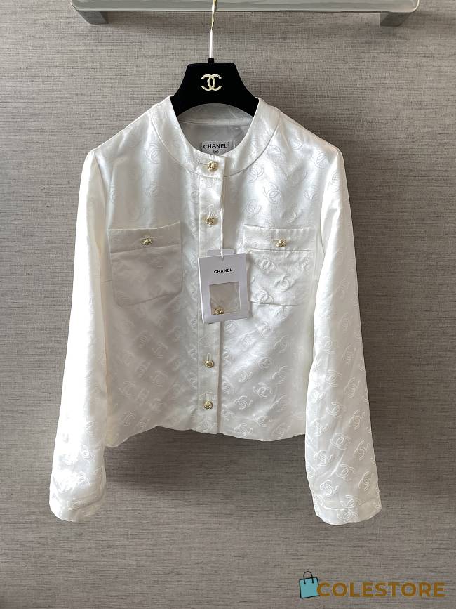 Colestore Chanel Satin Jacquard Logo Button-up Jacket White - 1