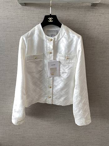 Colestore Chanel Satin Jacquard Logo Button-up Jacket White