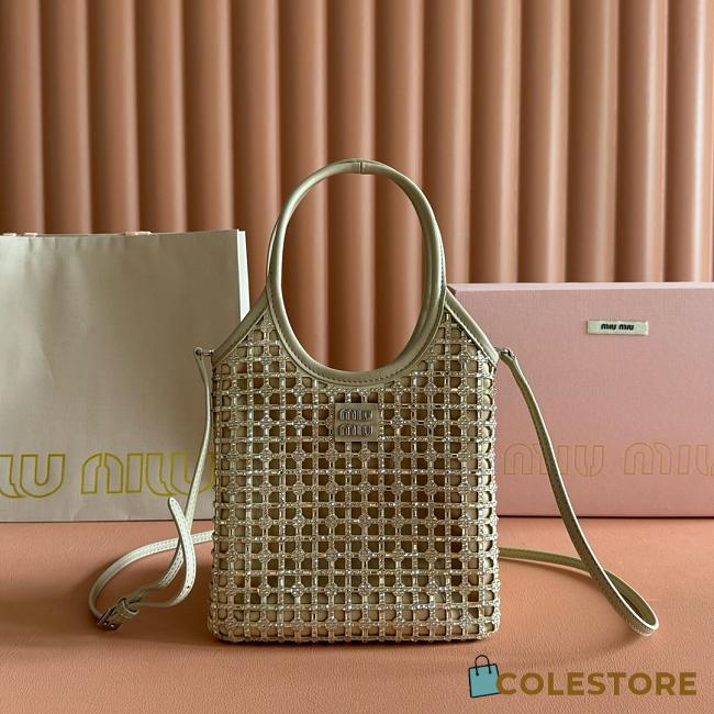 Colestore Miu Miu Small Satin Crystal Embellished Top Handle Beige 20x24cm - 1