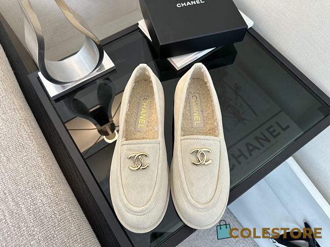 Colestore Chanel Suede Loafers with Gold CC Logo White - 1