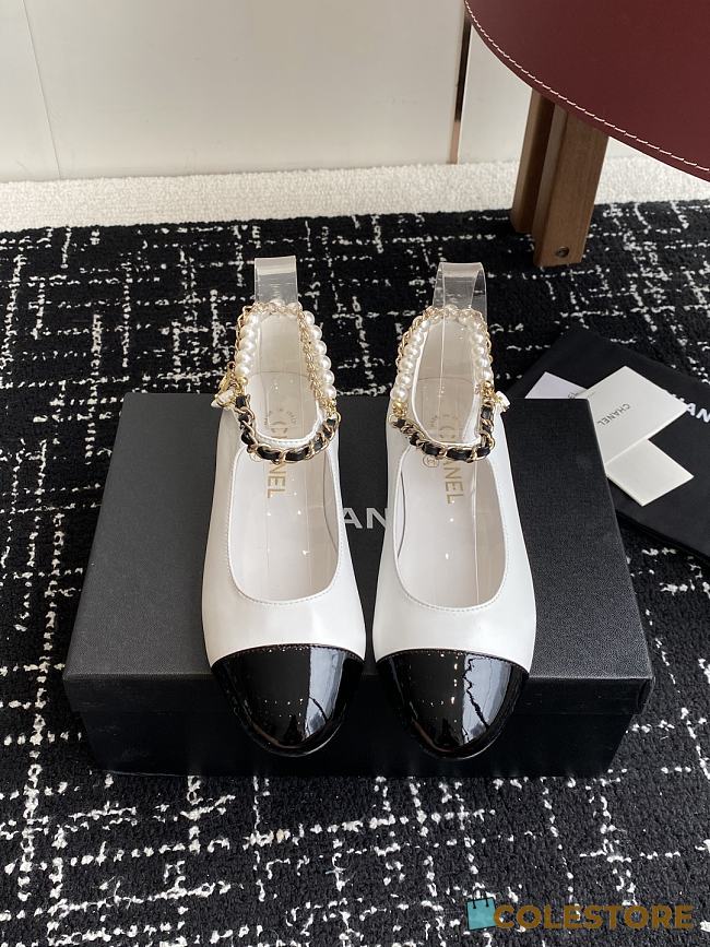 Colestore Chanel Mary Janes Lambskin, Patent Calfskin, Imitation Pearls & Metal White & Black - 1
