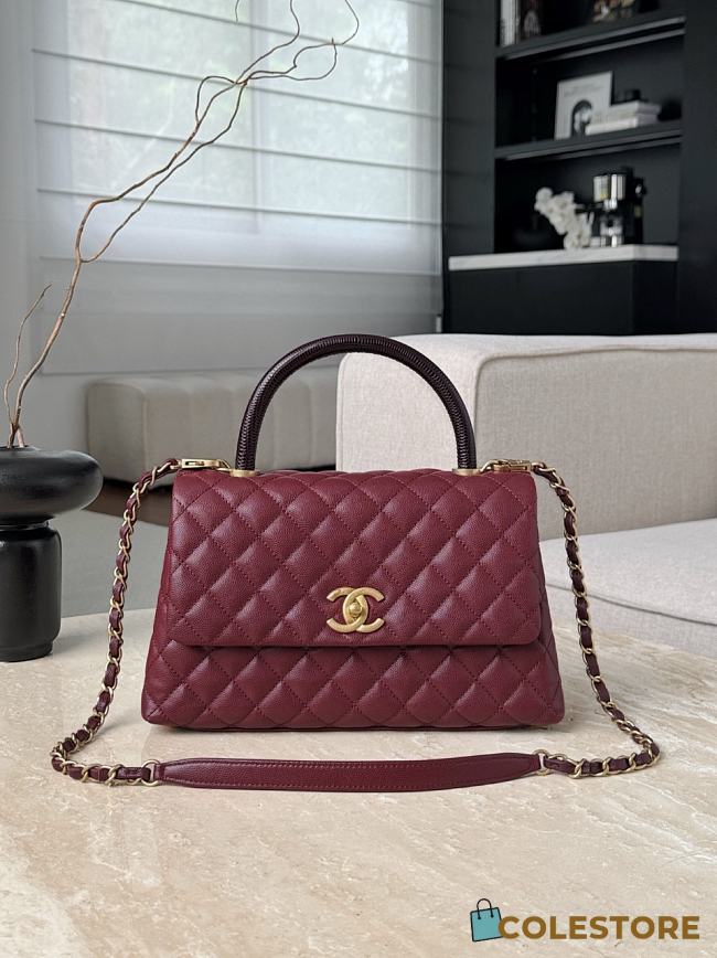 Colestore Chanel Caviar Quilted Coco Handle Flap Burgundy 18x29x12cm - 1