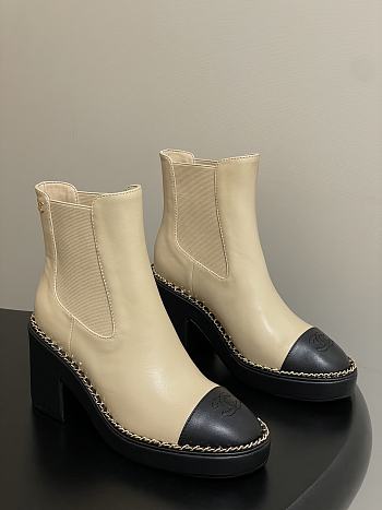 Colestore Chanel Beige & Black Cap-toe Ankle Boots With Chain Trim 