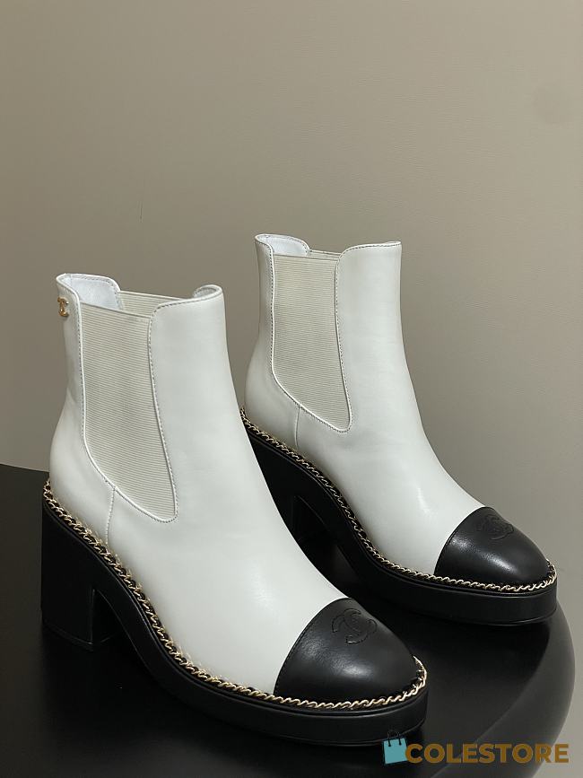 Colestore Chanel White & Black Cap-toe Ankle Boots With Chain Trim  - 1