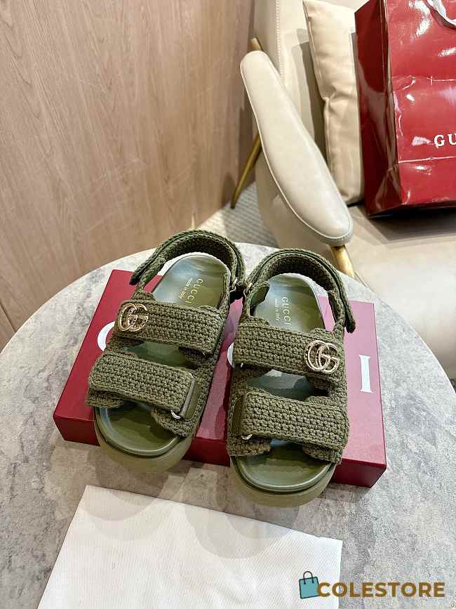 Colestore Gucci Women's Sandal with Double G in Dark Green Cotton Crochet - 1