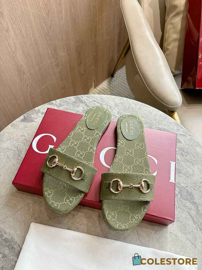 Colestore Women's Slide Sandal with Horsebit Green GG Canvas - 1
