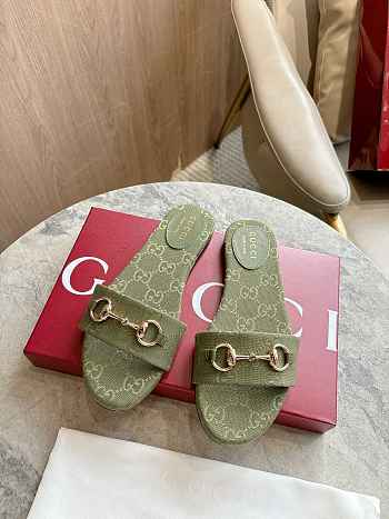 Colestore Women's Slide Sandal with Horsebit Green GG Canvas