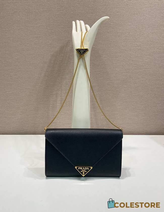 Colestore Prada Black Saffiano Triang Leather Envelope Chain Clutch Black 20x11.5cm - 1