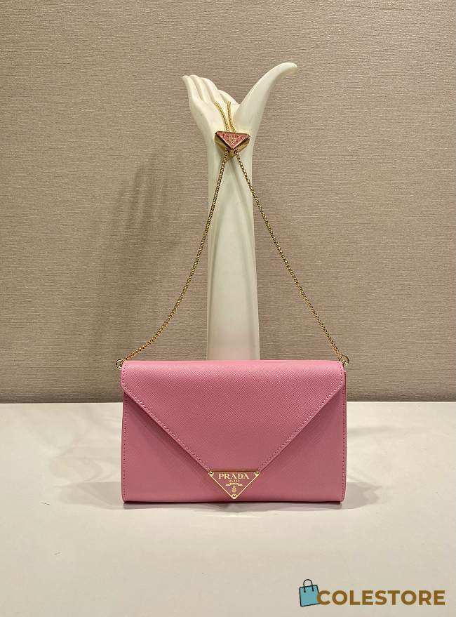 Colestore Prada Black Saffiano Triang Leather Envelope Chain Clutch Pink 20x11.5cm - 1