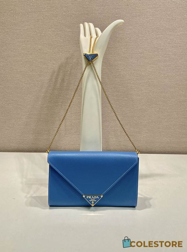 Colestore Prada Black Saffiano Triang Leather Envelope Chain Clutch Blue 20x11.5cm - 1