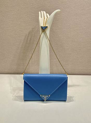 Colestore Prada Black Saffiano Triang Leather Envelope Chain Clutch Blue 20x11.5cm