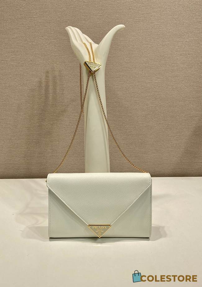 Colestore Prada Black Saffiano Triang Leather Envelope Chain Clutch White 20x11.5cm - 1
