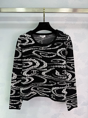 Colestore Chanel Knit Crew-Neck Long-Sleeve with Camellia & Logo Pattern Black