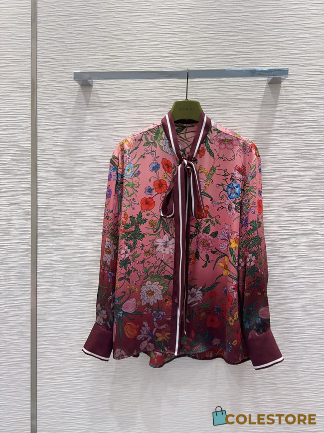 Colestore Gucci Floral Silk Tie-Neck Blouse Pink & Burgundy - 1