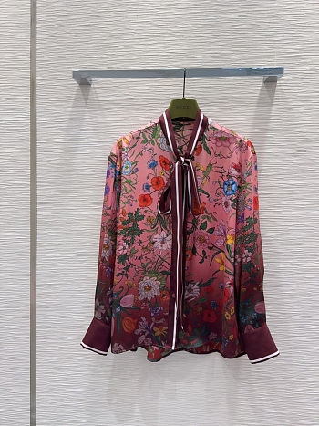 Colestore Gucci Floral Silk Tie-Neck Blouse Pink & Burgundy