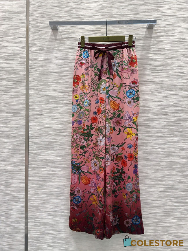 Colestore Gucci Floral Print Wide-Leg Silk Pants Pink & Burgundy - 1