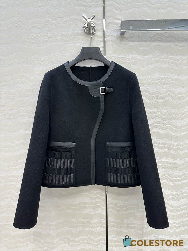 Colestore Hermes Embroidered Jacket with Leather Bleu Noir - 1