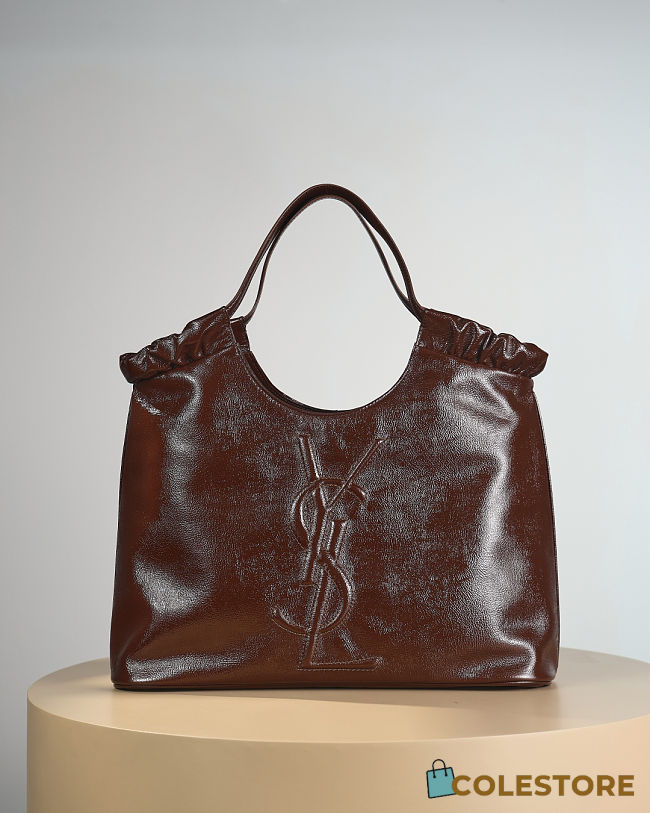 Colestore YSL Yves Saint Laurent Patent Leather Hobo Brown 43x27x13cm - 1